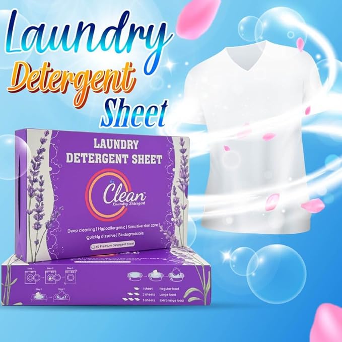 Clean Laundry Detergent™ – Hypoallergenic, Eco-Friendly, Plant-Based, Biodegradable, 100% Natural – Gentle on Skin & Fabrics, Lavender Scent, 60 Premium Laundry Detergent Sheet (Lavender)