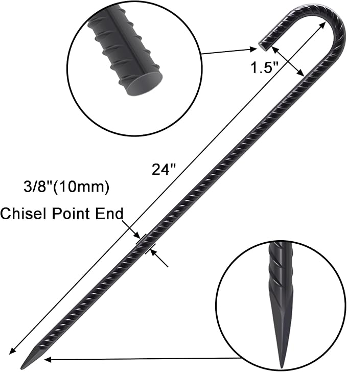 VVOKGO Rebar Stakes 24 Inch J Hook Heavy Duty Ground Anchors (8pcs), 3/8 Inch Diameter Metal Steel Extra Long Fence Stakes with Chisel Point End for Greenhouse, Gazebo, Carport, Camping Tents, Black