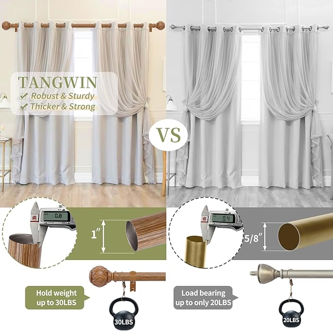 2 Pack Wood Curtain Rods for Windows 66 to 120 Inch,1 Inch Adjustable Curtain Rod Set,Heavy Duty Curtain Rods,Wooden Netted Texture Drapery Rods,Single Window Curtains Rods 66-120",Brown Wood
