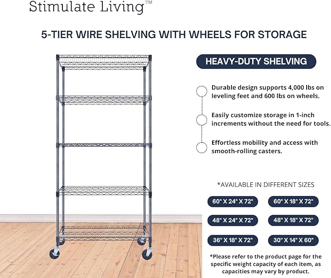 36"x18"x72" Prime Heavy Duty Black 5-Tier Wire Shelving NSF 4000 LBS MAX Capacity Storage Rack for Commercial, Hospital, School, Garage, and Kitchen Uses (with Wheels)