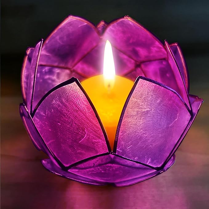 Blooming Lotus Capiz Shell Tealight Candle Holder, Handcrafted Decorative Tea Light Candleholder with Translucent Flower Petals for Ambient Illumination and Natural Elegance, Purple
