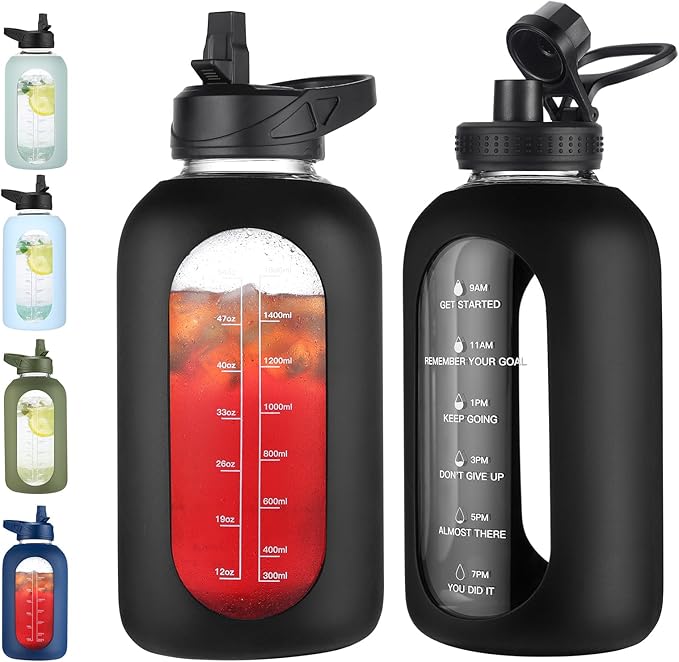 64 oz Glass Water Bottle With Straw and Handle, Half Gallon Sports Motivational Water Jug Flask with Silicone Sleeve, Large Water Cup with Time Marker for Travel, Gym, Black