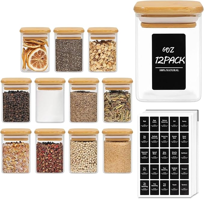ComSaf Spice Jars with Labels 6 oz 12Pack, Small Spice Containers Starter Set, Glass Seasoning Jars with Lids, Square Seasoning Containers for Salt, Pepper, Chili Powder, Sugar, Ginger Ground, Cumin