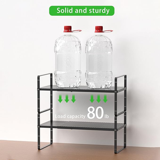 Expandable Cabinet Storage Shelf Stackable Organizer Rack for Kitchen Bathroom Pantry Spice Cupboard Coffee Countertop Home Office Desk Heavy Duty Nonslip Black Small 2 Packs