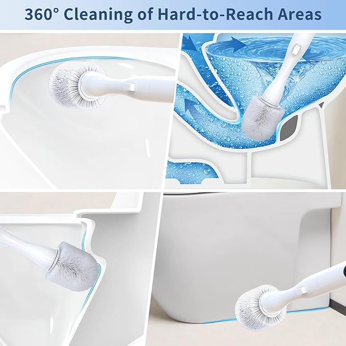 Electric Toilet Brush, HKFIF Toilet Brush with Holder, 360 Degree Powerful Cleaning Easily Eliminate Stains and Residue, 2 Speeds Rechargeable Motorized Toilet Scrubber