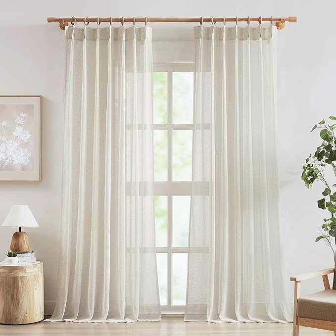 FMFUNCTEX Linen Sheer Pinch Pleated Curtains for Living Room, Linen Flax Beige 108 Inches Long Sheer Curtain See Through Panels for Bedroom, Natural Window Drapes for Farmhouse, Rod Pocket 2 Panels