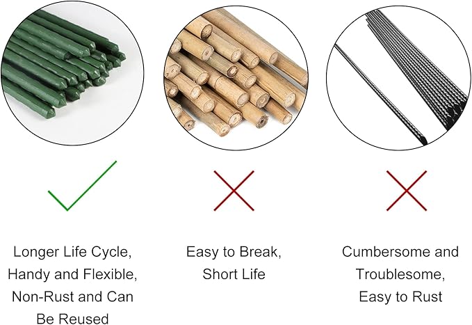 Garden Plant Stakes 57 Inch (Approx 5Ft) Steel Plant Stick Support, 25 Pack Tomato Stakes for Growing Climbing Plants, Potted Plants, Tomatoes, Trees, Cucumber, Beans, Fences Poles