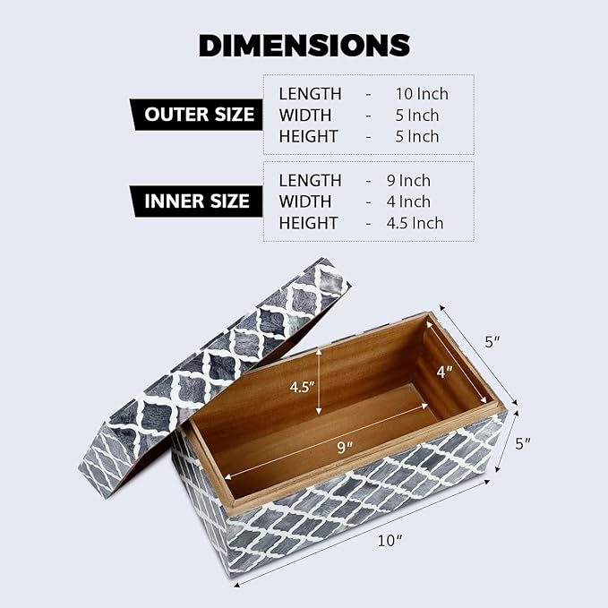 Handicrafts Home Handmade Moroccan Pattern Inspired Decorative Box - Large Storage Organizer for Neck Chains, Watches, Memory Keepsakes - Boho Style Treasure Box, Multipurpose Gift - Grey, 10x5x5