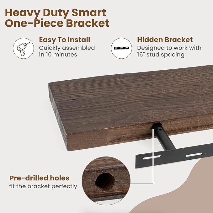 Floating Shelves for Wall Decor, Rustic Solid Elm Wood Live Edge Floating Shelves Wall Mounted, Wall Shelves with Invisible Bracket for Living Room Bathroom Bedroom Kitchen, 24 Inch Set of 2, Walnut