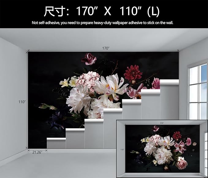 Dark Floral Wallpaper Mural Vintage Peony Flowers Black Background Wall Mural Bedroom (Not Peel and Stick)