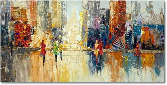 Canvas Wall Art Abstract Cityscape Painting Modern New York City Artwork Lady Romantic Street Scenery Picture Home Office Decor