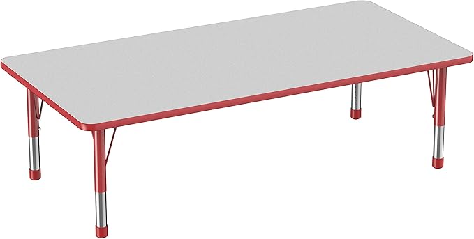 Factory Direct Partners FDP Rectangle Activity School and Classroom Kids Table (36 x 72 inch), Toddler Legs, Adjustable Height 15-24 inches - Gray Top and Red Edge
