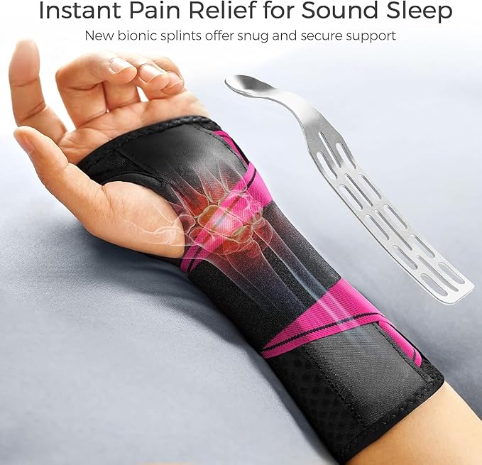FREETOO Carpal Tunnel Wrist Brace Night Support Fit Right Hand for Work, Pain Relief Wrist Splint for Tendonitis, Sprain, Strain, Rigid Hand Brace for Arthritis for Women and Men (XS, Black/Pink)