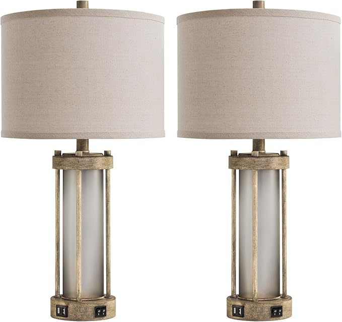 Farmhouse Table Lamps Set of 2 for Living Room, Vintage Bedroom Nightstand Lamp with Dual USB Ports, Bedside Lamp with Frosted Glass Nightlight for End Table Entryway, 4 Bulbs Included (Earthy Gray)