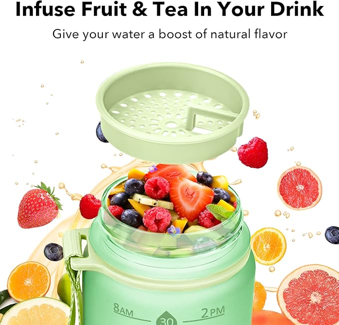 32oz Motivational Water Bottles with Time Marker & Fruit Strainer, Transparent Gradient Color Water Bottle with Times to Drink, Leakproof & BPA Free, Reusable Bottle with Strap (No Straw)