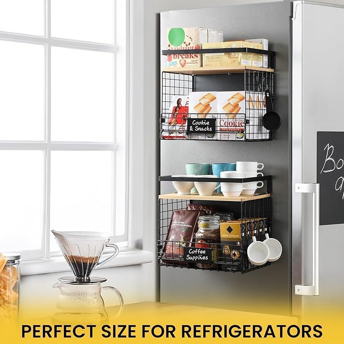 [WIDER Shelf]1 SET Strong Magnetic Shelf Basket for Fridge with Tag & Bamboo Top, XXL Large Magnetic Spice Rack Shelves for Side of Refrigerator, Kitchen Pantry Storage Organizer for Food Fruit Veg