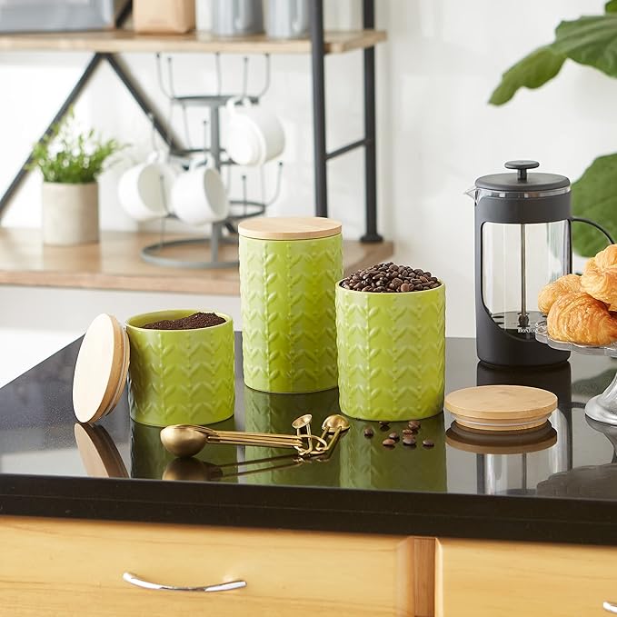 DII Kitchen Accessories Collection, Textured Matte Ceramic Canister Set, Avocado, Vine, 3 Piece