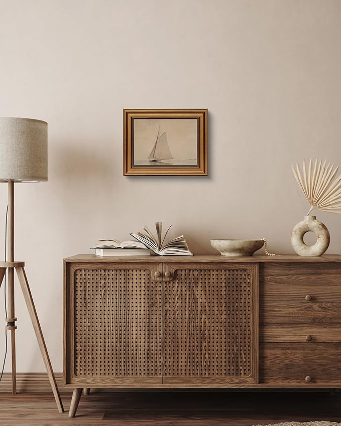 Gold Framed Vintage Wall Art for Living Room, Seaview Painting Prints Shelf Decor for Kitchen, Aesthetic Bedroom Wall Art, Christmas Gifts for Friends or Family (White Sailboat - 8"x10")