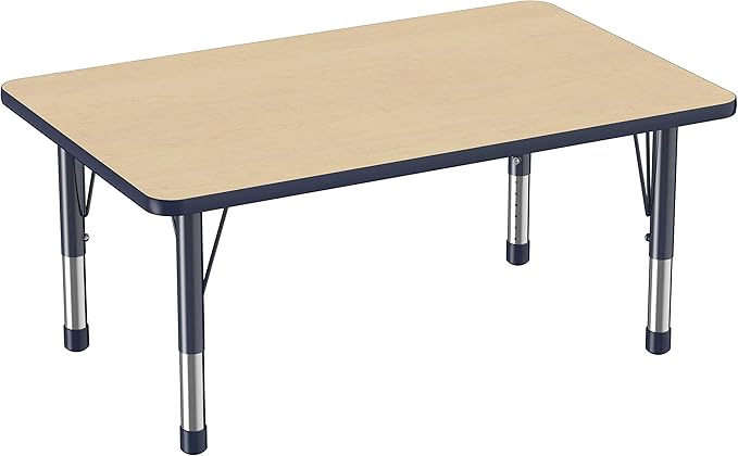 FDP Rectangle Activity School and Classroom Kids Table (30 x 48 inch), Chunky Toddler Legs, Adjustable Height 15-24 inches - Maple Top and Navy Edge