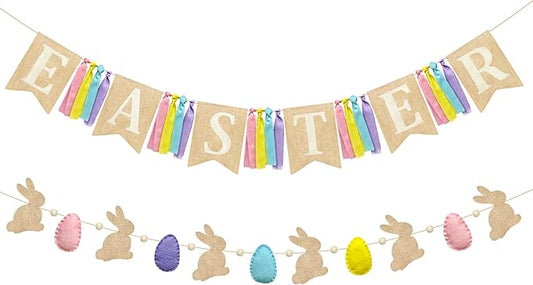 Easter Party Decorations Burlap Rabbit Bunny 3D Felt Egg with Wood Beads Garland Felt Easter Sign Burlap Pennant Banner Flag with Pastel Ribbon for Easter Spring Birthday Baby Shower Party Supplies