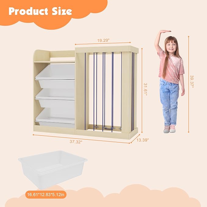 Kids Toy Storage Organizer with 3 Removable Plastic Bins Toddler Montessori Bookshelf with Stuffed Animal Net Holder Baby Bookcase Plush Organizer for Playroom, Bedroom,,Kids Room,Classroom,Nursery