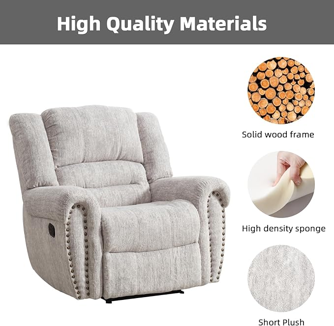 CANMOV Manual Recliner Chair, Classic and Traditional Manual Recliner Chair with Comfortable Arms and Back Single Sofa for Living Room, White Grey