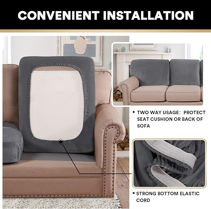 PrinceDeco Stretch Velvet Couch Cushion Covers for Individual Cushions Sofa Cushion Cover Seat, Sofa Covers Washable, Couch Seat Cushion Covers for Sectional (2 Pieces, Grey)