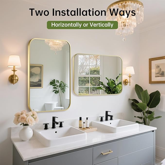FARMER 30x36 Inch Gold Bathroom Mirror, Rectangle Vanity Mirror, Brushed Mirrors for Wall, Metal Frame Hanging Mirror with Round Corner for Bedrooms, Entryways, Living Rooms, Horizontal/Vertical