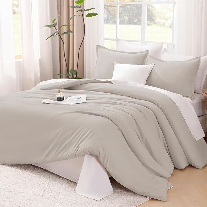 Litanika Linen Grey Comforter Set California King Size, 3 Pieces Cal King Lightweight Solid Bedding Comforter Set, All Season Fluffy Bed Set (104x96In Comforter & 2 Pillowcases)