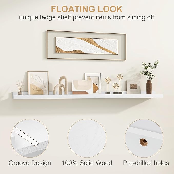 Floating Picture Ledge Shelves 24 Inch Solid Oak Wood Set of 2, Rustic Wall Storage Shelves with Lip, Kids Bookshelf, Photo & Picture Ledge Shelves for Bedroom, Living Room, Kitchen