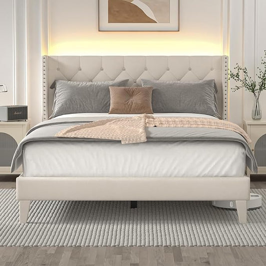 Full Size Bed Frame with Wingback Headboard, Upholstered Platform Bed Frame with Diamond Tufted Headboard & Lights, Wood Slat, Easy Assembly, Noise-Free, No Box Spring Needed, Beige