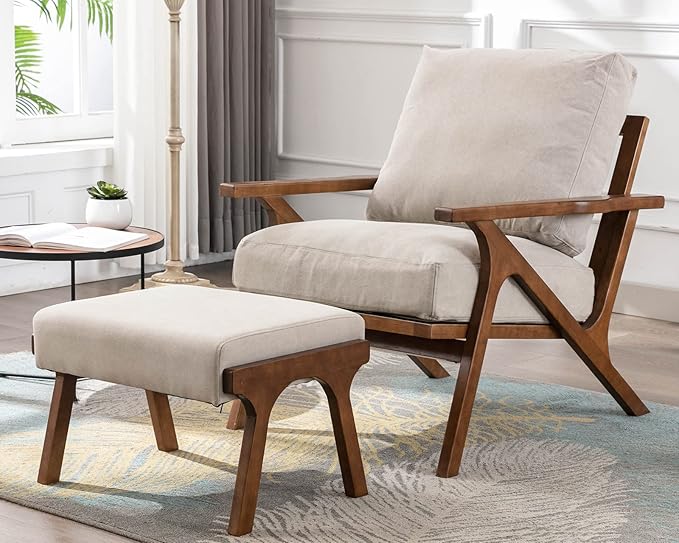 Mid Century Modern Accent Chair with Ottoman, Farmhouse Linen Upholstered Living Room Armchair and Ottoman Set, 23" Seat Wide Retro Leisure Lounge Chair with Wood Frame for Home, Bedroom, Beige
