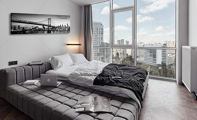 DJSYLIFE- Philadelphia Skyline Wall Art,Black and White Stretched Canvas Wall Art Prints for Bedroom or Office Decoration, Ready to Hang 13.8"x47.3"