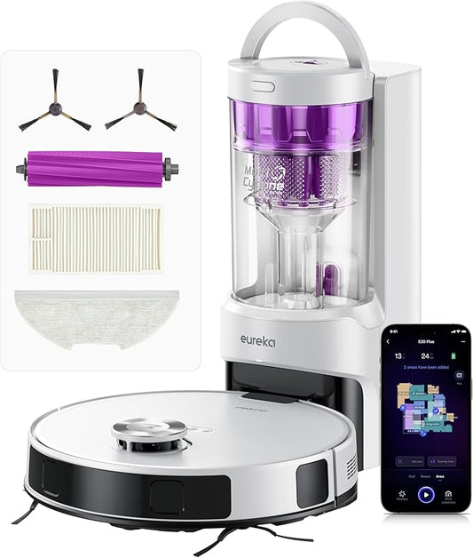 Eureka E20 Plus Robot Vacuum with Bagless Self Emptying Station, Robotic Vacuum and Mop Combo, 45-Day Capacity, Upgraded 8000Pa Suction and Anti Hair-Tangling Brush, LiDAR Navigation, App Control