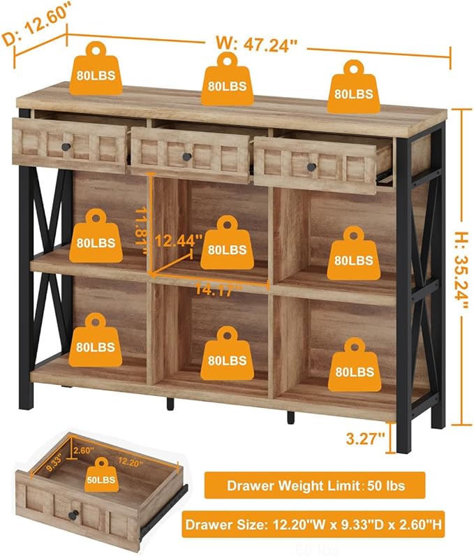 FATORRI Rustic 6 Cube Storage Organizer Shelf with 3 Drawers, Long Horizontal Bookshelf, Industrial Wood and Metal Cubby Bookcase for Living Room (Rustic Oak, 47 Inch)
