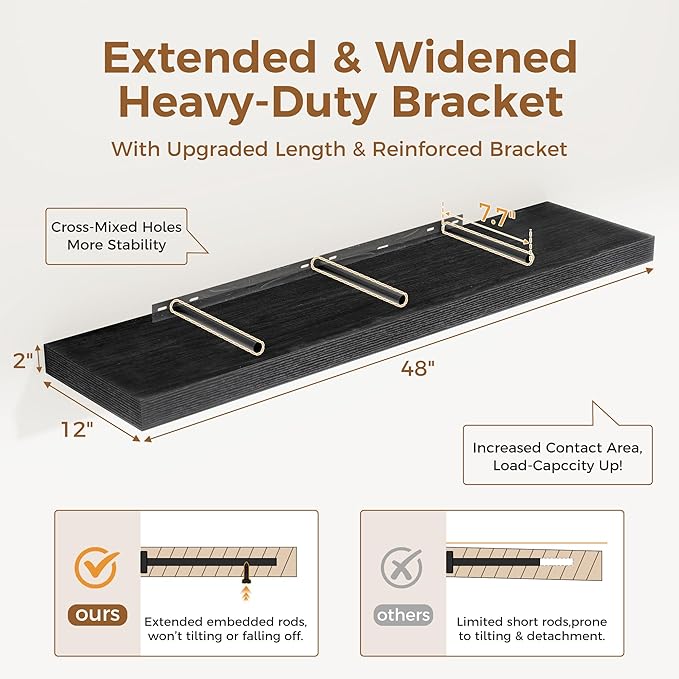 Black Floating Shelves 48 Inch Long, 12 Inch Deep Floating Shelves for Wall, 48 x 12 Large Wall Shelves for Home Storage & Display, 2" Thicked Floating Shelf for Bedroom, Living Room, 1 Pack