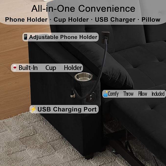 70" Queen Size Sofa Bed for Living Room – Pull-Out Sleeper Sofa Couch with Cup Holder, Phone Holder, USB Charging Port, Solid Wood Frame, Easy Assembly, Space-Saving Design for Small Apartments