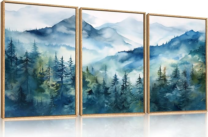Celestdeco Blue Ridge Mountains Forest Framed Canvas Wall Art Set, Natural Landscape Wall Decor, Green Pine Trees Wall Painting, Woodland Artworks for Living Room, Bedroom, Dining Room - 16"x24"x3