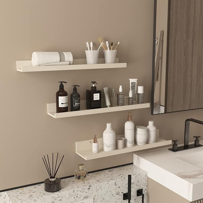 Giftgarden 24 Inch Floating Shelves for Wall, Creamy White Beige Wood-Grain Wooden Shelf Ledge for Bathroom Kitchen Living Room Nursery Bedroom Picture, Set of 3 Different Sizes