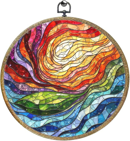 Colorful Boho Rainbow Geometric Spiral Sun Art Gift Framed Round Wall Decor Canvas Wall Art Hanging Prints Artwork for Home Office Bathroom Bedroom Living Room Decorations 10.2X10.2 Inch