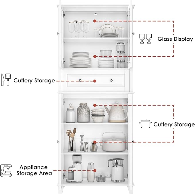76'' Kitchen Pantry Storage Cabinet, Freestanding Kitchen Cupboard with Large Drawer, Doors, and Adjustable Shelves, Bathroom Storage Cabinet for Dining Room, Living Room, Laundry, White
