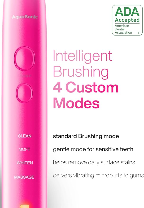 Aquasonic Vibe Series Ultra-Whitening Toothbrush – ADA Accepted Electric Toothbrush - 8 Brush Heads & Travel Case – 40,000 VPM Motor & Wireless Charging - 4 Modes w Smart Timer – Electric Pink