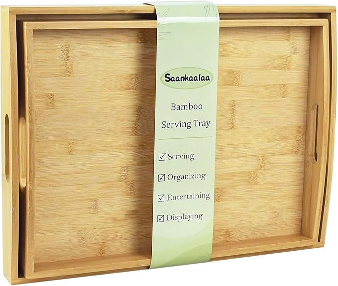 Bamboo Serving Tray Set of 2 Elegant for Coffee, Eating or Decor - Large and Small Rectangle Serving Trays with Handles - Wood Serving Tray Suitable for Home, Kitchen and Outdoor