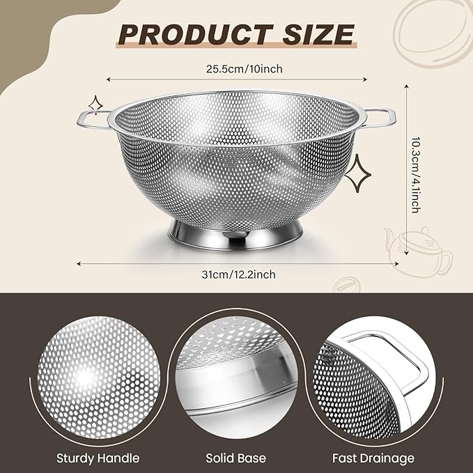 Norme 4 Quart Stainless Steel Silver Colander and 3 Pcs Silver Fine Mesh Strainer, Stainless Steel Pasta Rice Food Metal Strainer with Handles, Easy Clean and Dishwasher Safe
