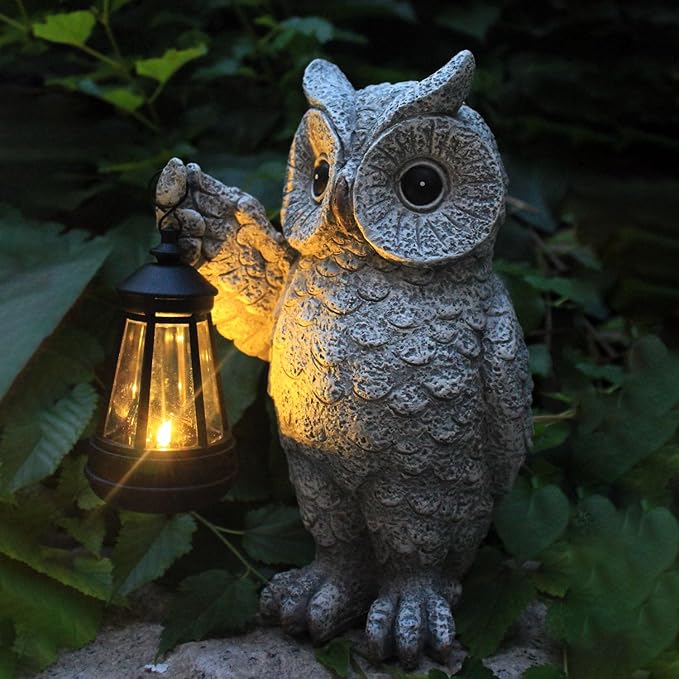 Garden Statues, owl Outdoor Figurines Decorated with Solar Lights, Unique Christmas Birthday Gifts for Moms, Grandmas, Women, Wives, Sisters (Grey Owl1)