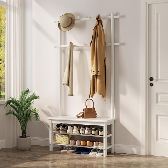 Coat Rack with Shoe Storage, Wooden Hall Tree with Bench, 11 Hooks and 2-Tier Storage Shelves, 3-in-1, Entryway Bench with Coat Rack (31.5"-White)