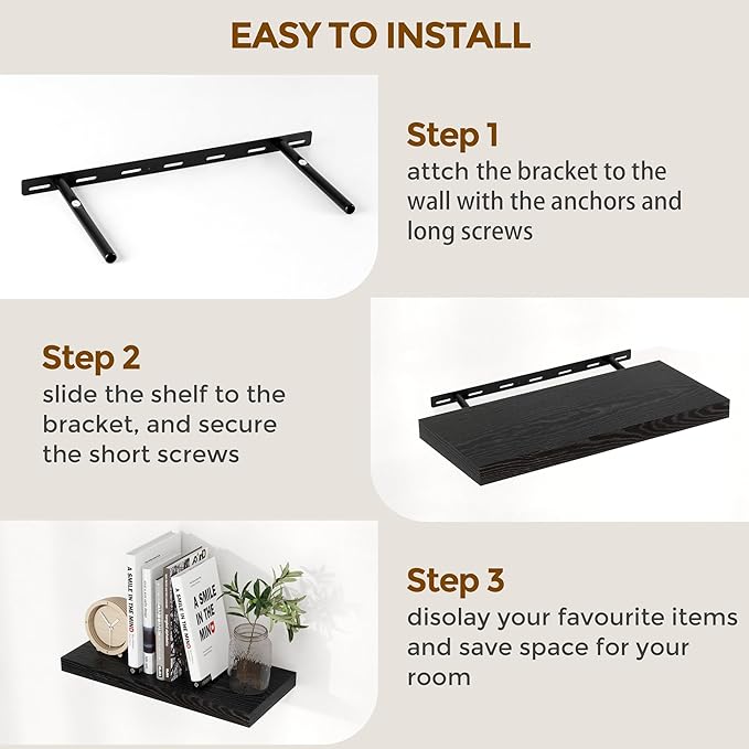 Fun Memories Black Floating Shelves 16 Inch Long, 9 Inch Deep Wall Shelf for Bathroom, 16 x 9 Floating Shelf for Living Room, Bedroom, Kitchen, Rustic Wood Shelves for Wall, Set of 2