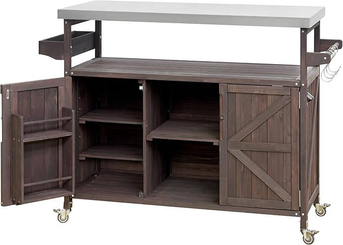 Farmhouse Solid Wood Grill Table with Stainless Steel Top, Outdoor Rolling Bar Cart & Storage Cabinet with Spice & Towel Rack, Outdoor Kitchen Island with Internal Storage Rack, Dark Brown