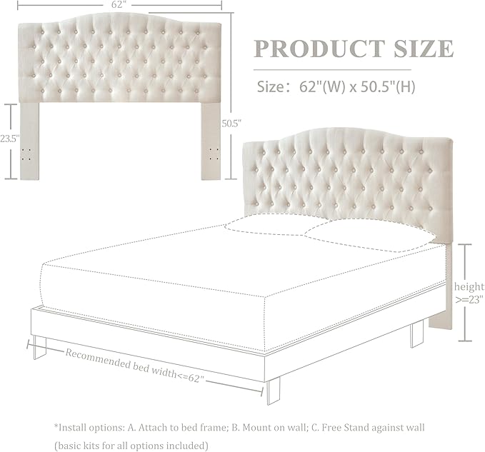 Linen Upholstered Headboard Queen/Full Size Bed Tufted Button Headboard, Featuring High-Density Sponge Padding, Luxury Texture Easy Assembly Comfort and Style-Ivory