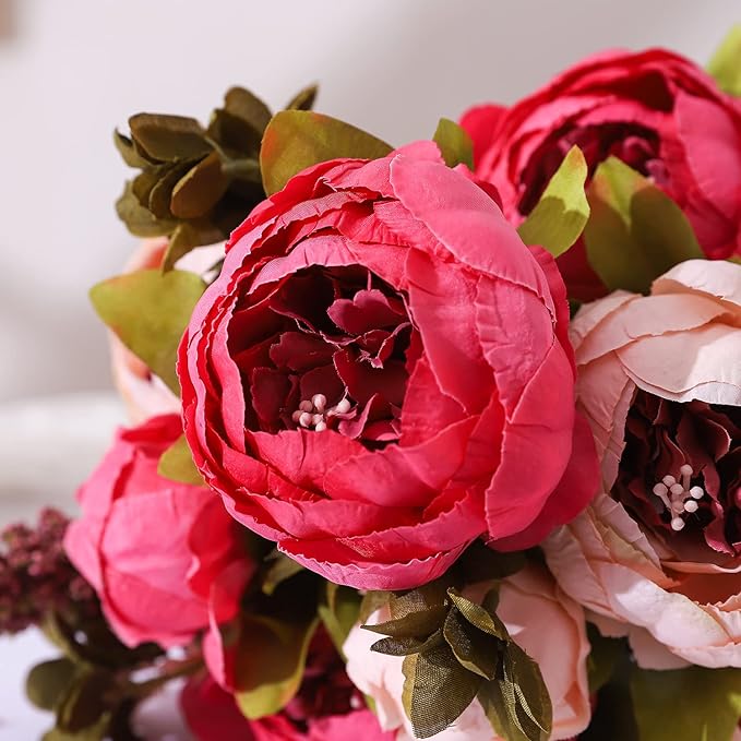 Duovlo Fake Flowers Vintage Artificial Peony Silk Flowers Wedding Home Decoration,Pack of 1 (Dark Pink)